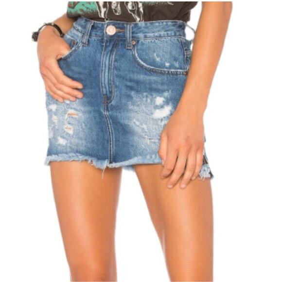 ONE x One Teaspoon Mini Denim Skirt 28 Short Distressed Academia Beachy Festival - Picture 1 of 8